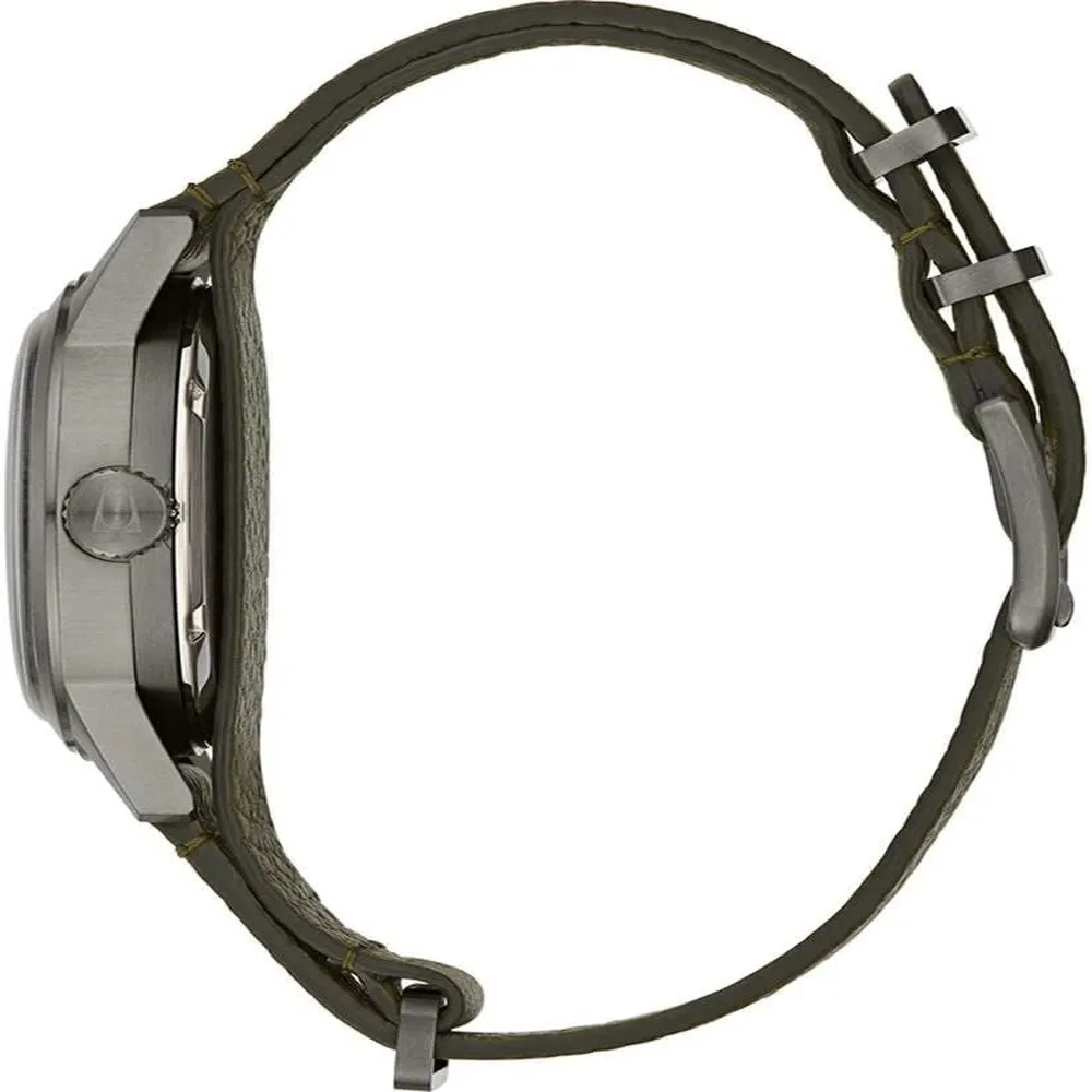 Bulova reloj hombre militar clásico automático 3 agujas correa cuero acero | Verde