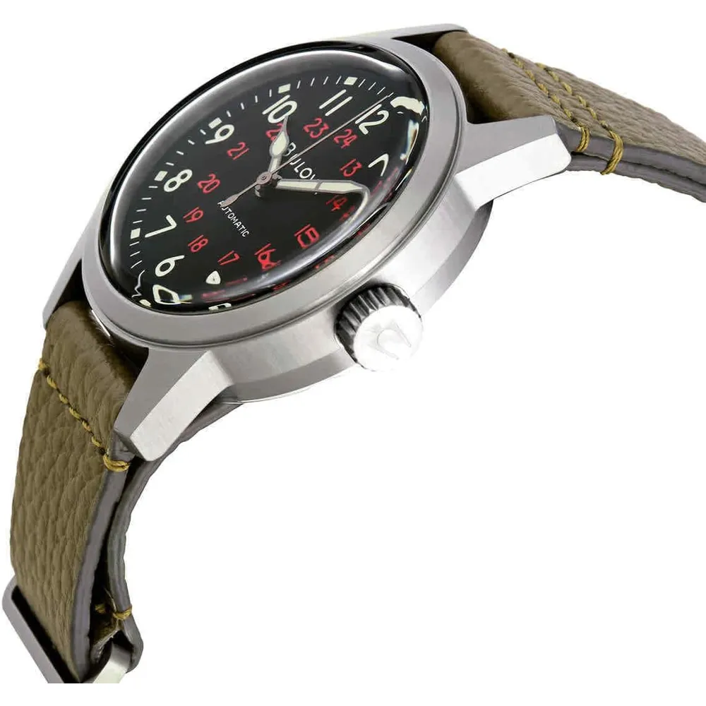 Bulova reloj hombre militar clásico automático 3 agujas correa cuero acero | Verde