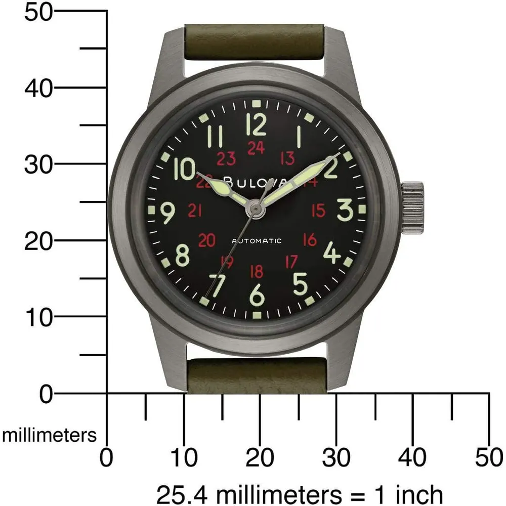 Bulova reloj hombre militar clásico automático 3 agujas correa cuero acero | Verde