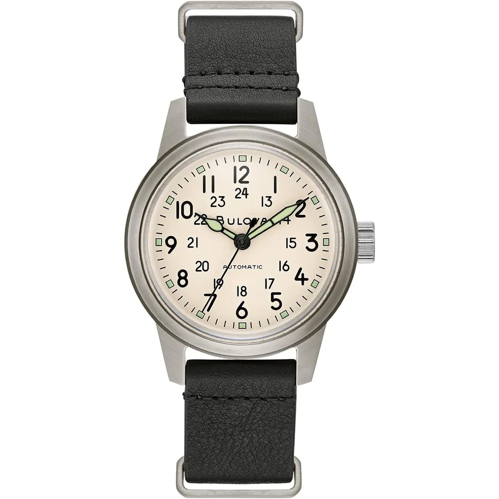 Bulova reloj militar clásico hombre automático 3 agujas correa cuero acero | Negro