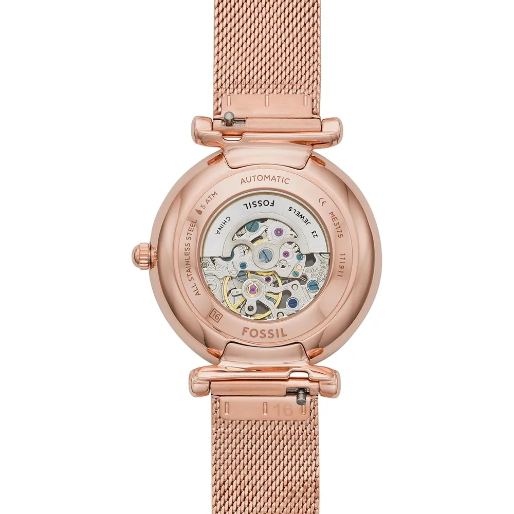Fossil reloj automático Carlie para mujer, malla de acero | Oro Rosa