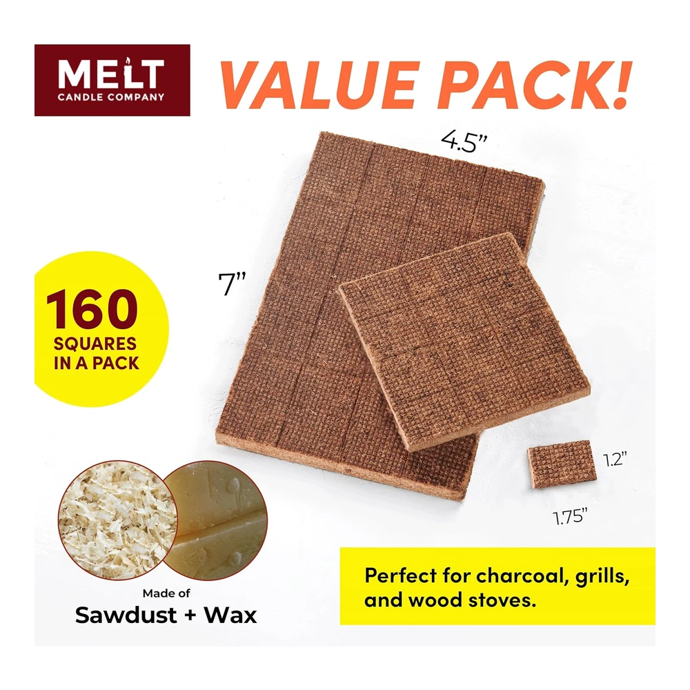 Melt Candle Company - Iniciador de Fuego - Paquete de 160 Iniciadores de Fuego de Carbón para Fogatas - Chimenea - Fosa de Parrilla - Hogar - Barbacoa y Ahumador - Resistente Al Agua y Sin Olor