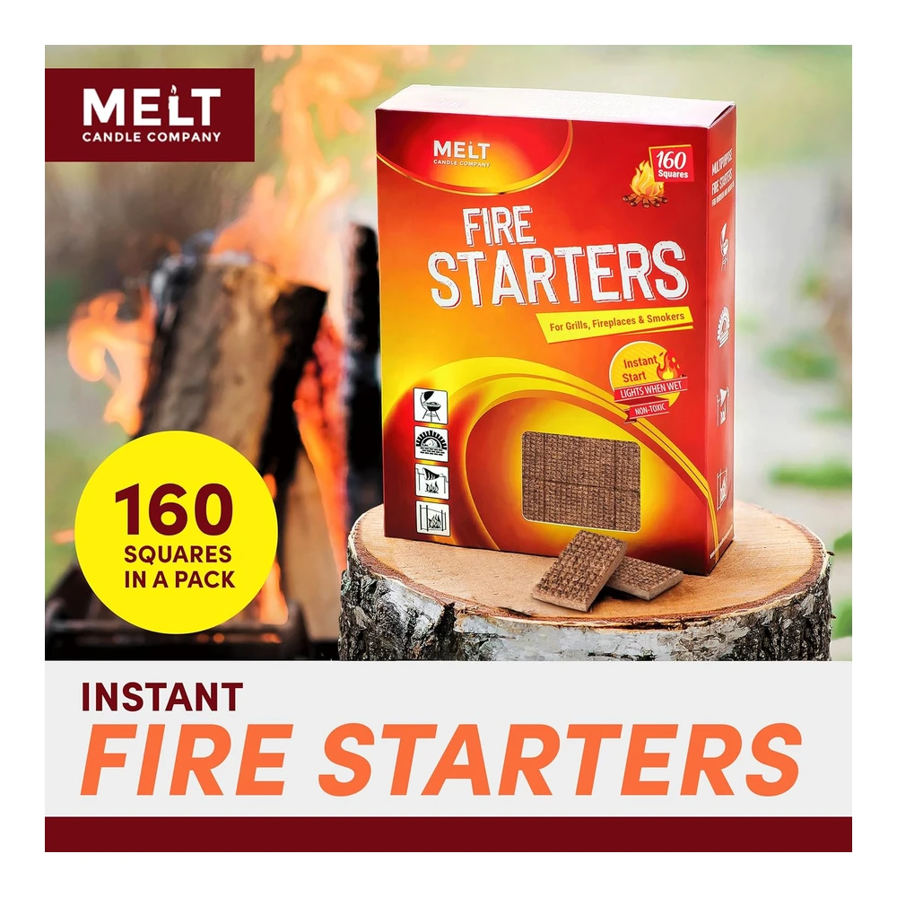 Melt Candle Company - Iniciador de Fuego - Paquete de 160 Iniciadores de Fuego de Carbón para Fogatas - Chimenea - Fosa de Parrilla - Hogar - Barbacoa y Ahumador - Resistente Al Agua y Sin Olor