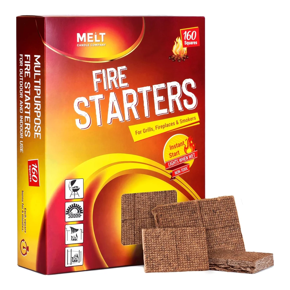 Melt Candle Company - Iniciador de Fuego - Paquete de 160 Iniciadores de Fuego de Carbón para Fogatas - Chimenea - Fosa de Parrilla - Hogar - Barbacoa y Ahumador - Resistente Al Agua y Sin Olor