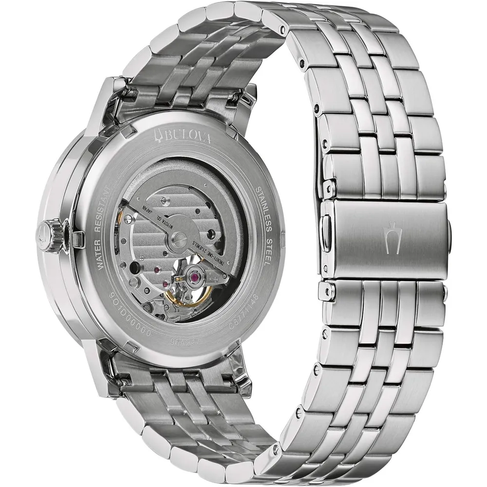 Bulova reloj clásico vestir hombre automático 3 agujas 21 joyas apertura | Plata/Azul