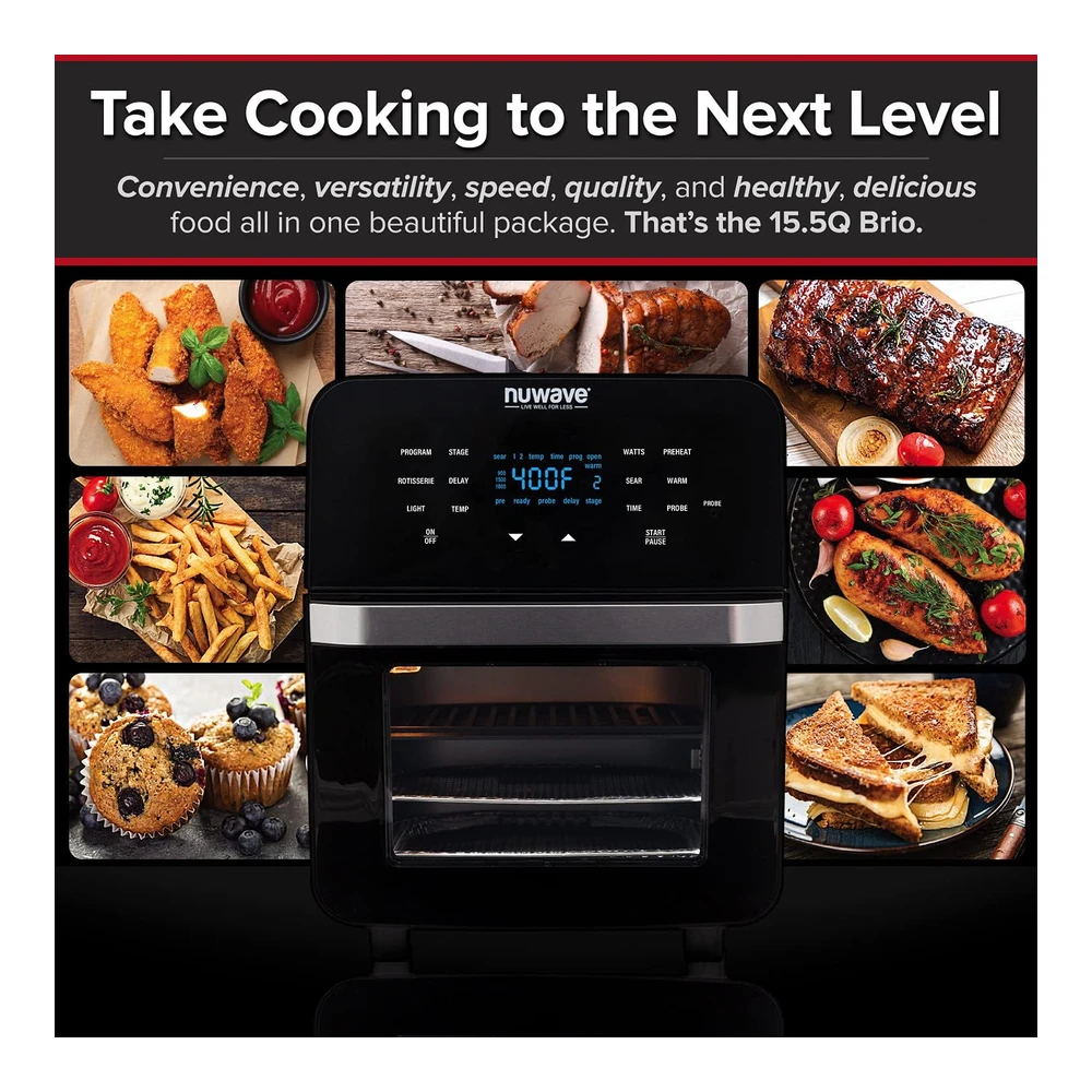 NUWAVE BRIO - HORNO FREIDORA DE AIRE - TAMAÑO FAMILIAR XL DE 15.5 CUARTOS DE GALÓN - CESTA DE ASADOR SS Y KIT DE BROCHETA - PLACA REVERSIBLE ULTRA ANTIADHERENTE - POTENTE 1800 W - TERMÓMETRO INTELIGENTE INTEGRADO - COLOR NEGRO