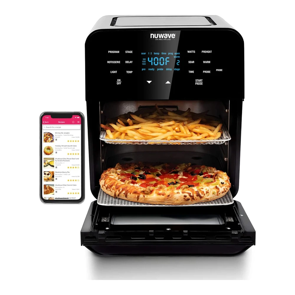 NUWAVE BRIO - HORNO FREIDORA DE AIRE - TAMAÑO FAMILIAR XL DE 15.5 CUARTOS DE GALÓN - CESTA DE ASADOR SS Y KIT DE BROCHETA - PLACA REVERSIBLE ULTRA ANTIADHERENTE - POTENTE 1800 W - TERMÓMETRO INTELIGENTE INTEGRADO - COLOR NEGRO