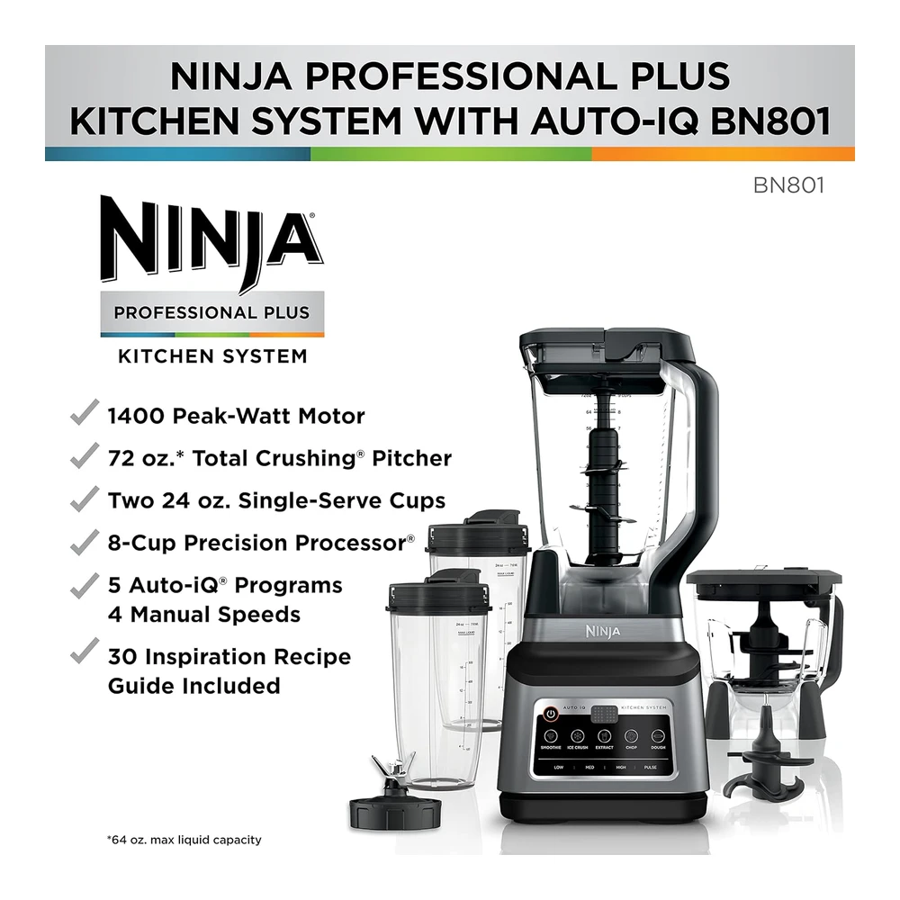 NINJA BN801 PROFESSIONAL PLUS SISTEMA DE COCINA - 1400 WP - 5 FUNCIONES PARA BATIDOS - PICAR - MASA Y MÁS CON AUTO IQ - JARRA DE LICUADORA DE 72 OZ. TAZÓN DE PROCESADOR DE 64 ONZAS - (2) TAZAS PARA LLEVAR DE 24 ONZAS - GRIS