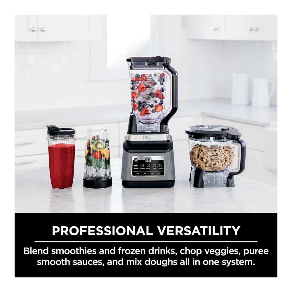 NINJA BN801 PROFESSIONAL PLUS SISTEMA DE COCINA - 1400 WP - 5 FUNCIONES PARA BATIDOS - PICAR - MASA Y MÁS CON AUTO IQ - JARRA DE LICUADORA DE 72 OZ. TAZÓN DE PROCESADOR DE 64 ONZAS - (2) TAZAS PARA LLEVAR DE 24 ONZAS - GRIS
