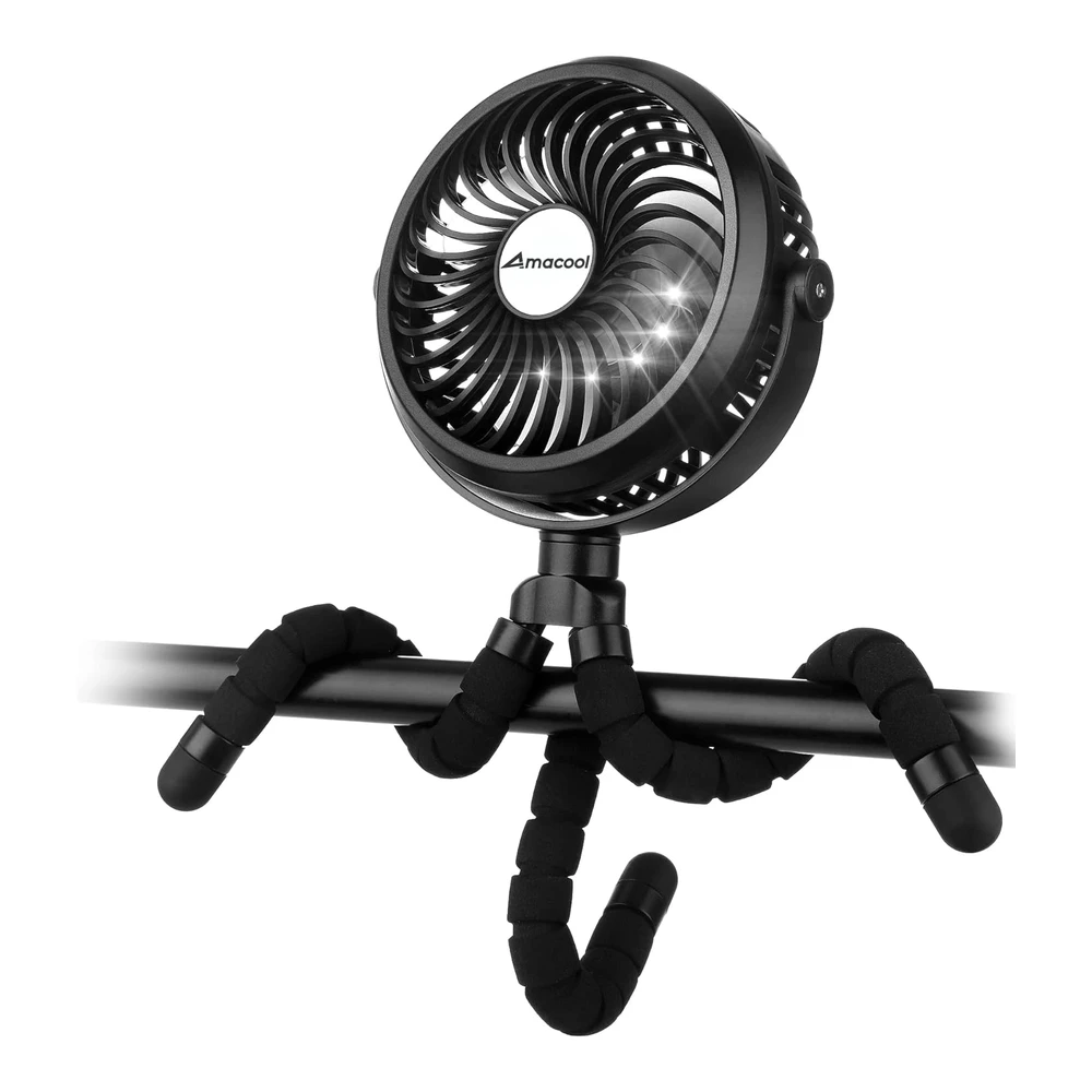 AMACOOL VENTILADOR DE COCHECITO – CLIP Y TRÍPODE FLEXIBLE, 3 VELOCIDADES Y GIRATORIO – NEGRO