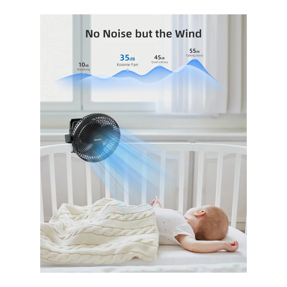 KOONIE VENTILADOR DE CLIP 8" – RECARGABLE, PORTÁTIL Y SILENCIOSO DE 4 VELOCIDADES – NEGRO