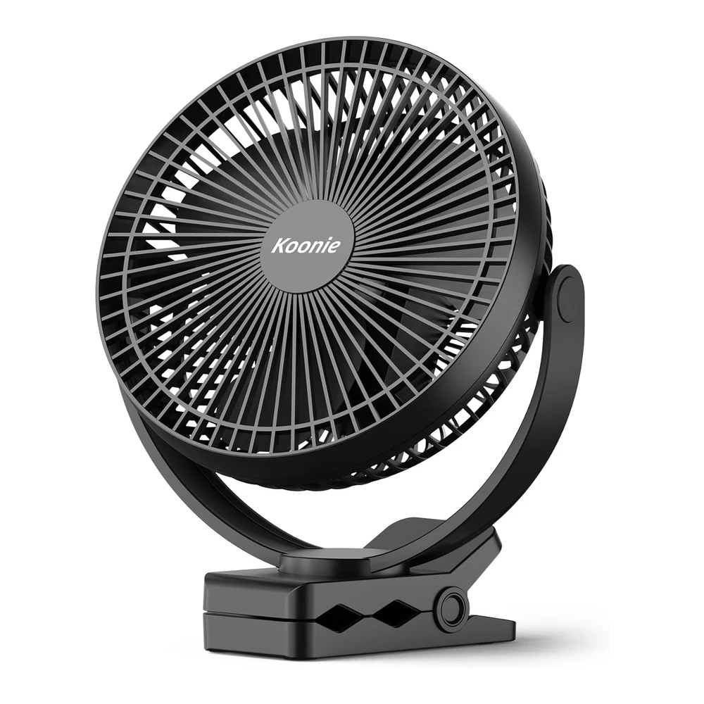 KOONIE VENTILADOR DE CLIP 8" – RECARGABLE, PORTÁTIL Y SILENCIOSO DE 4 VELOCIDADES – NEGRO