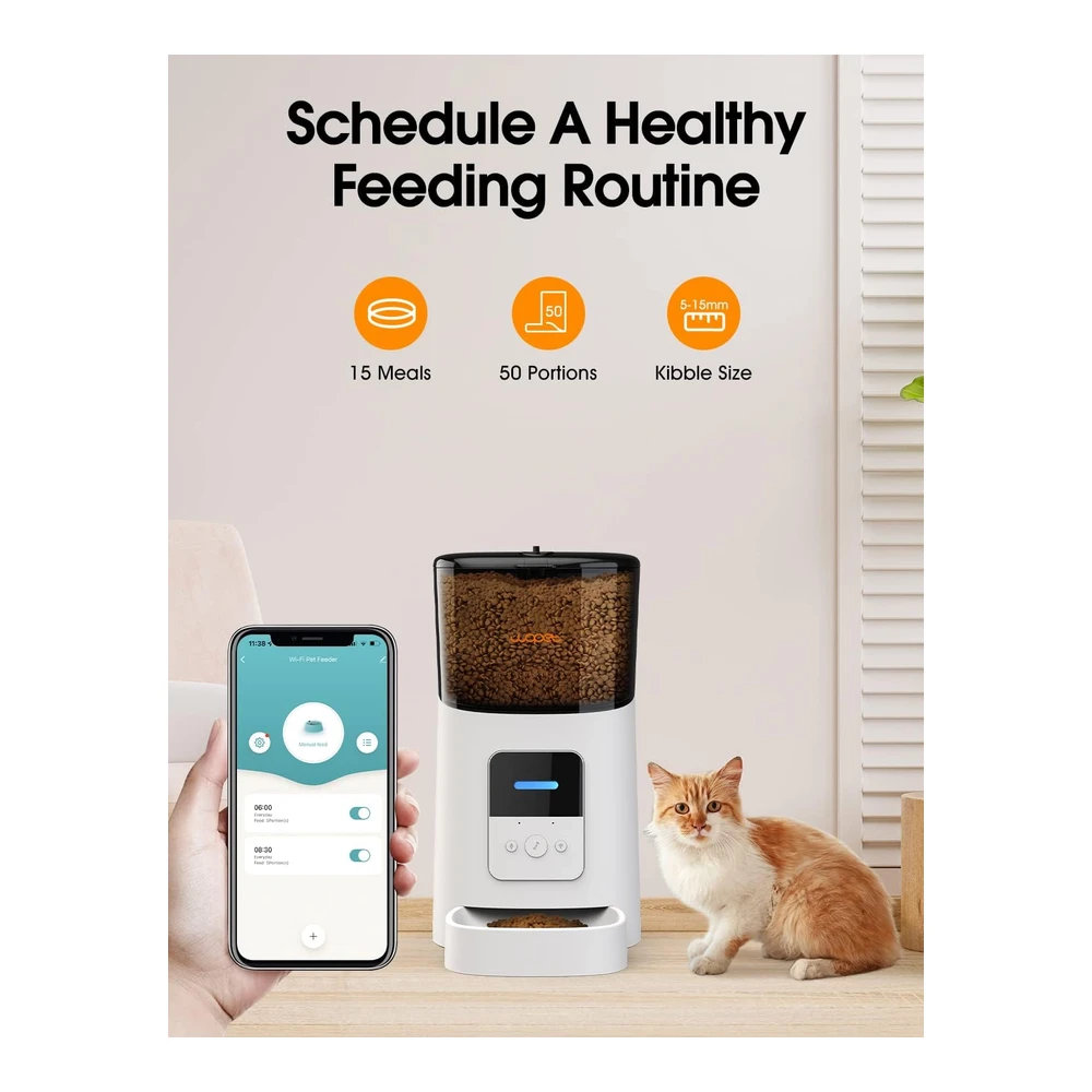 b089gg57ql_1.webp Wopet - Alimentador Automático para Gatos de 6 Litros - Alimentador de Mascotas Inteligente con Wi-Fi Habilitado - para Gatos y Perros - Dispensador de Alimentos para Perros Automático - con Control de Porciones - Alarmas de Distribución y Grabadora de Voz - Hasta 15 Comidas Por Día