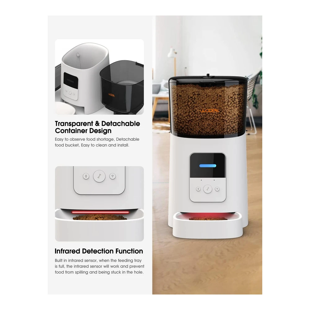 b089gg57ql_4.webp Wopet - Alimentador Automático para Gatos de 6 Litros - Alimentador de Mascotas Inteligente con Wi-Fi Habilitado - para Gatos y Perros - Dispensador de Alimentos para Perros Automático - con Control de Porciones - Alarmas de Distribución y Grabadora de Voz - Hasta 15 Comidas Por Día