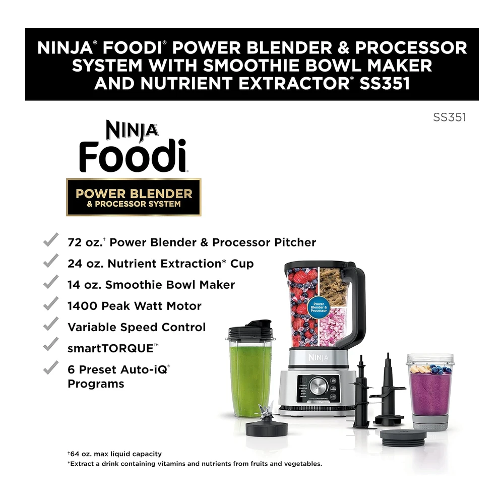 NINJA SS351 FOODI POWER BLENDER & PROCESSOR SYSTEM 1400 WP SMOOTHIE BOWL MAKER & EXTRACTOR DE NUTRIENTES 6 FUNCIONES PARA CUENCOS - UNTABLES - MASA Y MÁS - SMARTTORQUE - 72 OZ. JARRA Y TAZAS PARA LLEVAR - PLATA