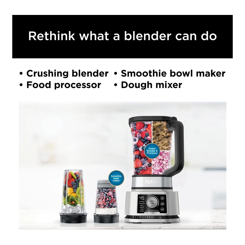 NINJA SS351 FOODI POWER BLENDER & PROCESSOR SYSTEM 1400 WP SMOOTHIE BOWL MAKER & EXTRACTOR DE NUTRIENTES 6 FUNCIONES PARA CUENCOS - UNTABLES - MASA Y MÁS - SMARTTORQUE - 72 OZ. JARRA Y TAZAS PARA LLEVAR - PLATA