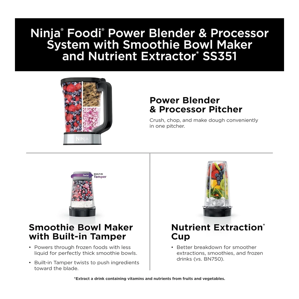 NINJA SS351 FOODI POWER BLENDER & PROCESSOR SYSTEM 1400 WP SMOOTHIE BOWL MAKER & EXTRACTOR DE NUTRIENTES 6 FUNCIONES PARA CUENCOS - UNTABLES - MASA Y MÁS - SMARTTORQUE - 72 OZ. JARRA Y TAZAS PARA LLEVAR - PLATA