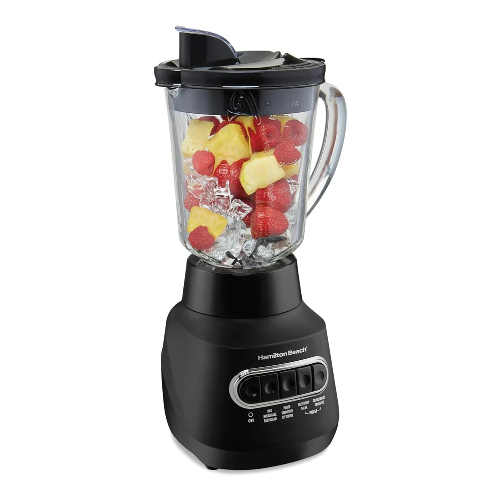 HAMILTON BEACH 58175 LICUADORA SILENCIOSA PARA BATIDOS Y BATIDOS - PURÉ - CUCHILLAS DE SABLE DE HIELO DE ACERO INOXIDABLE - 800 VATIOS - FRASCO DE VIDRIO RESISTENTE A LOS GOLPES DE 40 ONZAS - COLOR NEGRO