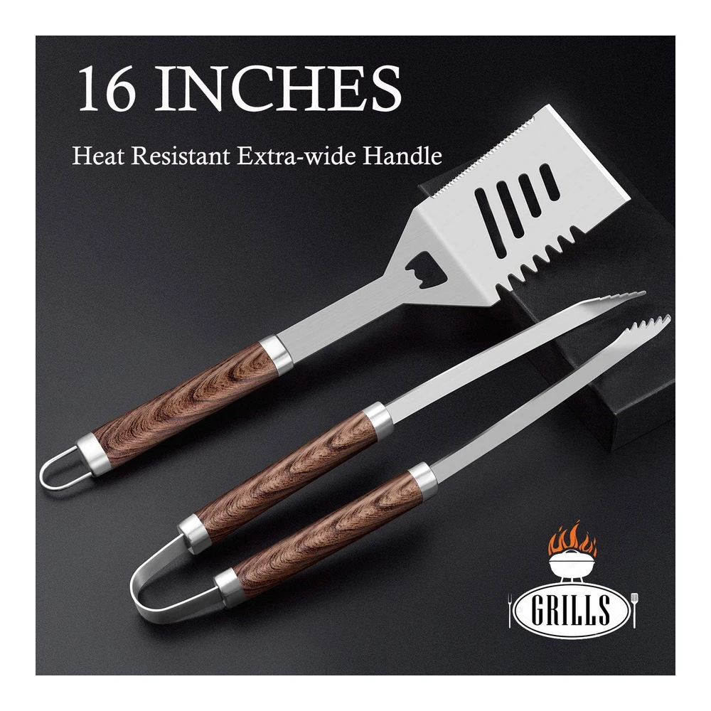 Romanticist Juego de 30 Herramientas para Parrilla de Barbacoa para Hombres y Papá - Juego de Utensilios de Parrilla de Acero Inoxidable Resistente - Kit de Accesorios de Parrilla Antideslizantes con Termómetro - Alfombrillas En Caja de Aluminio para Viajes - Exteriores - Marrón