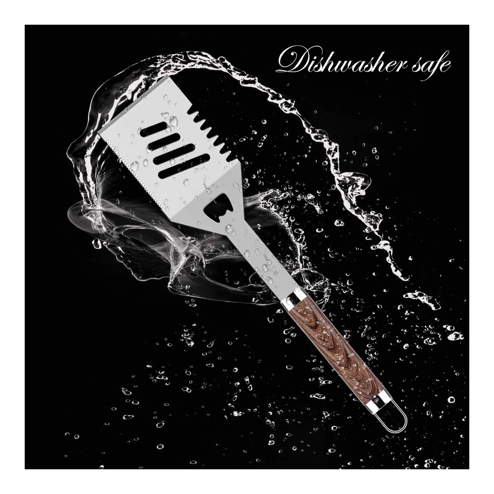 Romanticist Juego de 30 Herramientas para Parrilla de Barbacoa para Hombres y Papá - Juego de Utensilios de Parrilla de Acero Inoxidable Resistente - Kit de Accesorios de Parrilla Antideslizantes con Termómetro - Alfombrillas En Caja de Aluminio para Viajes - Exteriores - Marrón