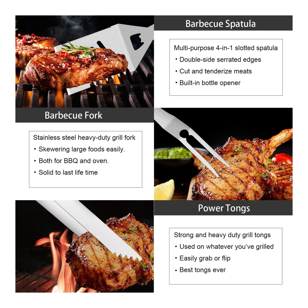 Romanticist Juego de 30 Herramientas para Parrilla de Barbacoa para Hombres y Papá - Juego de Utensilios de Parrilla de Acero Inoxidable Resistente - Kit de Accesorios de Parrilla Antideslizantes con Termómetro - Alfombrillas En Caja de Aluminio para Viajes - Exteriores - Marrón