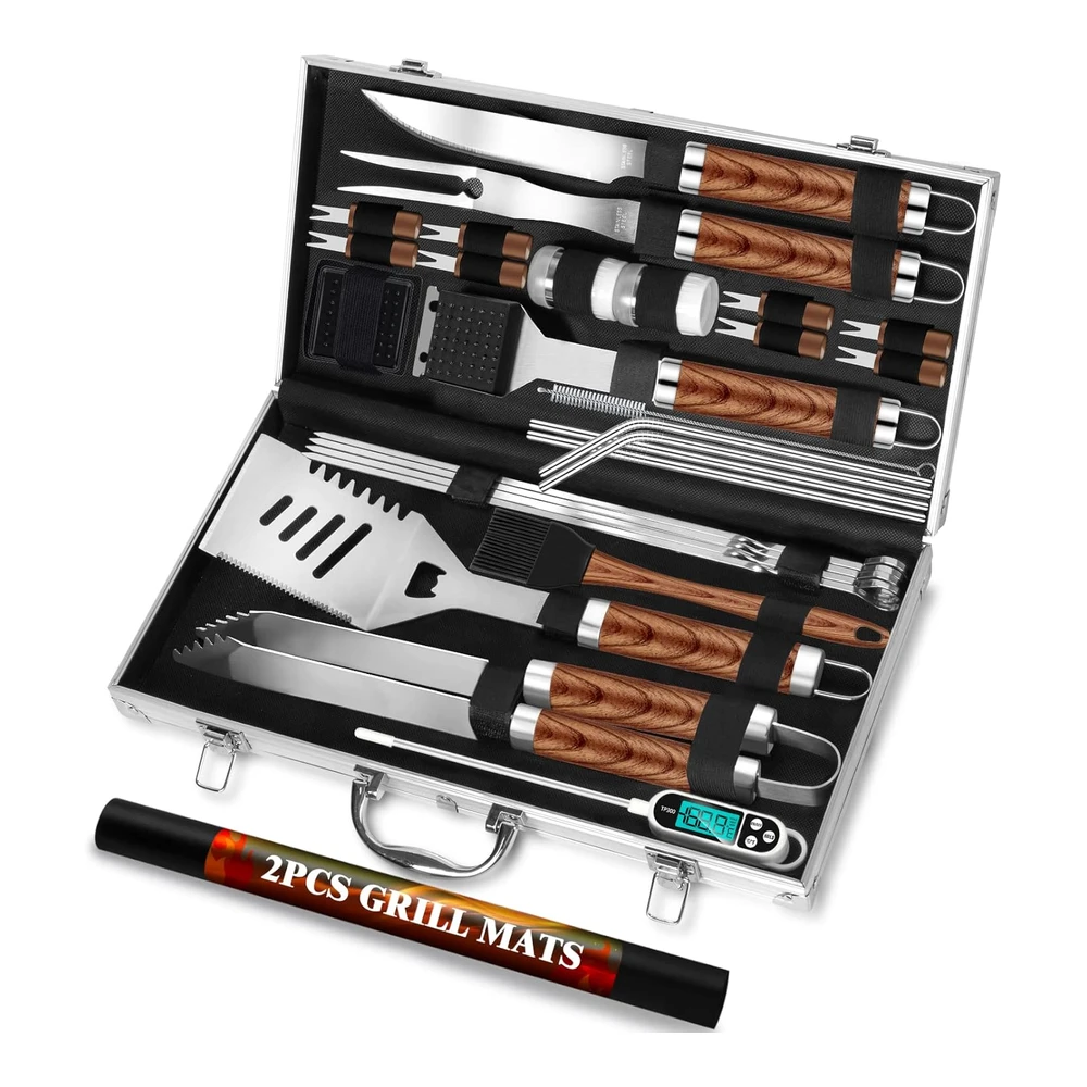 Romanticist Juego de 30 Herramientas para Parrilla de Barbacoa para Hombres y Papá - Juego de Utensilios de Parrilla de Acero Inoxidable Resistente - Kit de Accesorios de Parrilla Antideslizantes con Termómetro - Alfombrillas En Caja de Aluminio para Viajes - Exteriores - Marrón