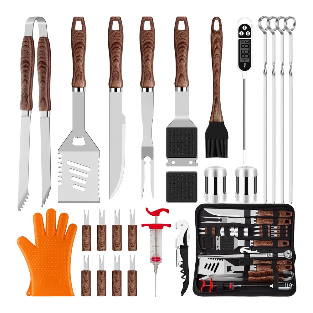 Romanticist - Kit de 26 Accesorios de Parrilla para Hombres y Mujeres - Herramientas de Barbacoa de Acero Inoxidable Resistentes con Guante y Sacacorchos - Juego de Utensilios de Parrilla En Bolsa de Lona Portátil para Exteriores - Camping - Patio Trasero - Color Marrón