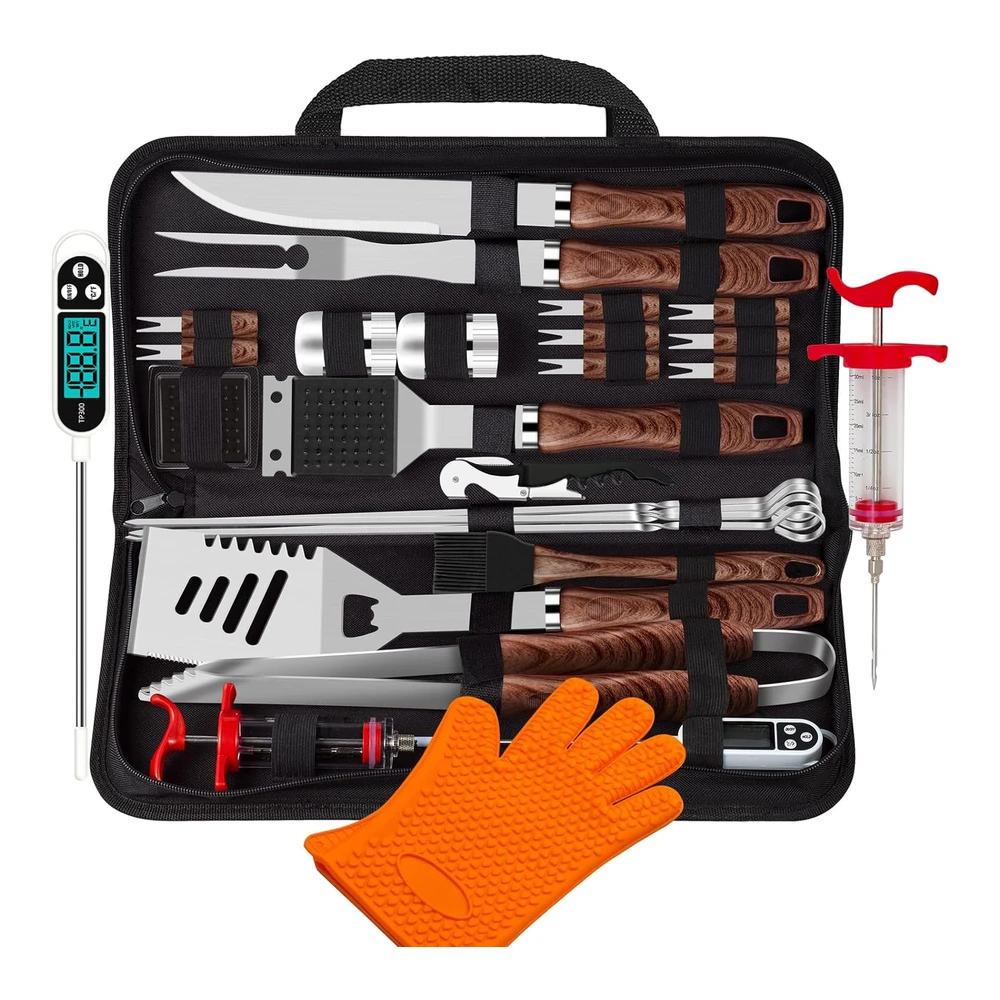 Romanticist - Kit de 26 Accesorios de Parrilla para Hombres y Mujeres - Herramientas de Barbacoa de Acero Inoxidable Resistentes con Guante y Sacacorchos - Juego de Utensilios de Parrilla En Bolsa de Lona Portátil para Exteriores - Camping - Patio Trasero - Color Marrón