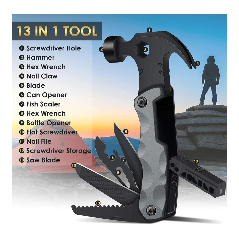 Multiherramienta Accesorios de Campamento para Hombres - Regalos de Papá - 13 En 1 - Multiherramientas de Supervivencia - Martillo de Navidad - Accesorios Geniales para Adultos - Él - Novio - Marido - Abuelo - Mujeres - Cumpleaños - San Valentín - Padres