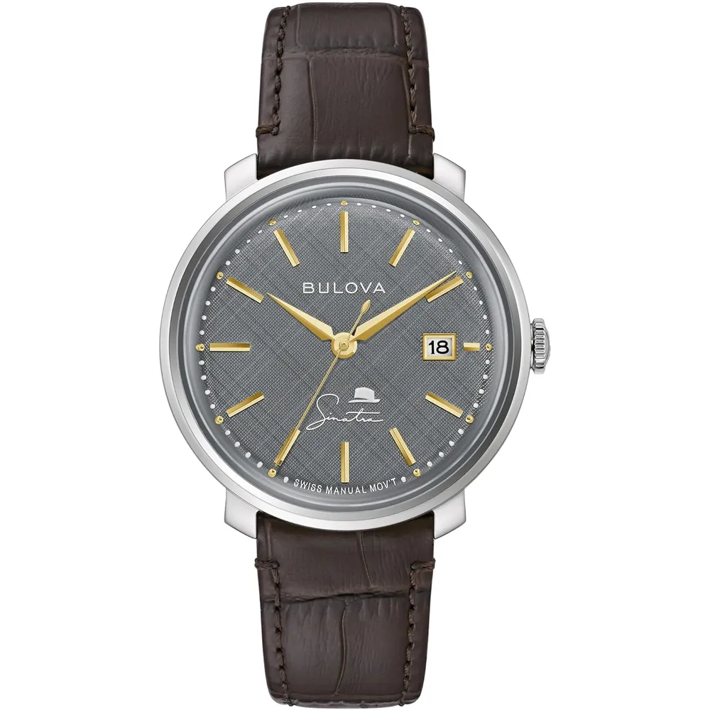 Bulova reloj Frank Sinatra hombre automático 3 agujas correa piel acero | Marrón/Gris