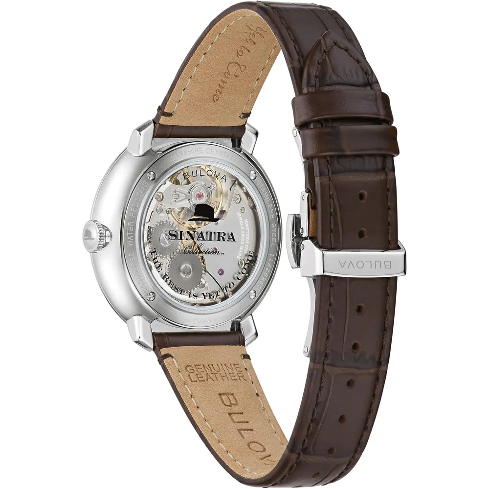 Bulova reloj Frank Sinatra hombre automático 3 agujas correa piel acero | Marrón/Gris