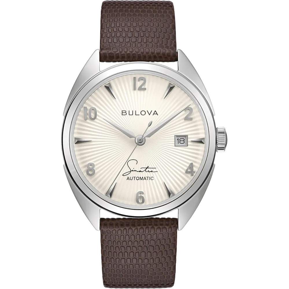 Bulova reloj Frank Sinatra hombre automático 3 agujas correa piel acero | Marrón