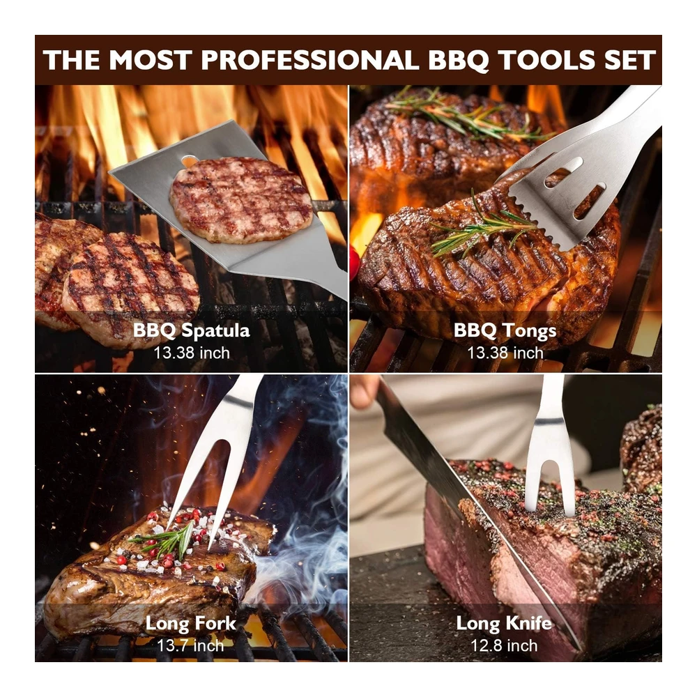 Birald Juego de Herramientas para Parrilla - Regalos para Hombres - 34 Piezas de Accesorios de Parrilla de Acero Inoxidable con Estuche de Aluminio - Termómetro - Alfombrillas de Parrilla para Campamento / Patio Trasero - Juego de Utensilios de Parrilla para Papá