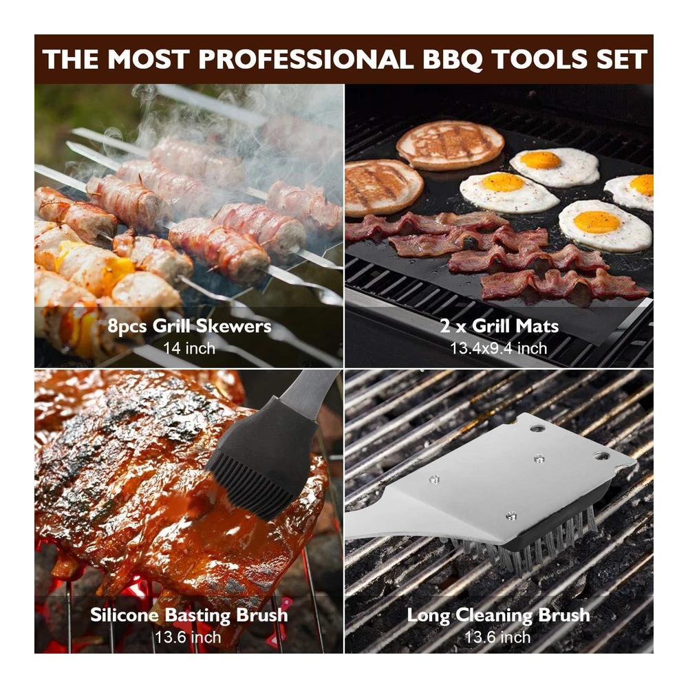 Birald Juego de Herramientas para Parrilla - Regalos para Hombres - 34 Piezas de Accesorios de Parrilla de Acero Inoxidable con Estuche de Aluminio - Termómetro - Alfombrillas de Parrilla para Campamento / Patio Trasero - Juego de Utensilios de Parrilla para Papá