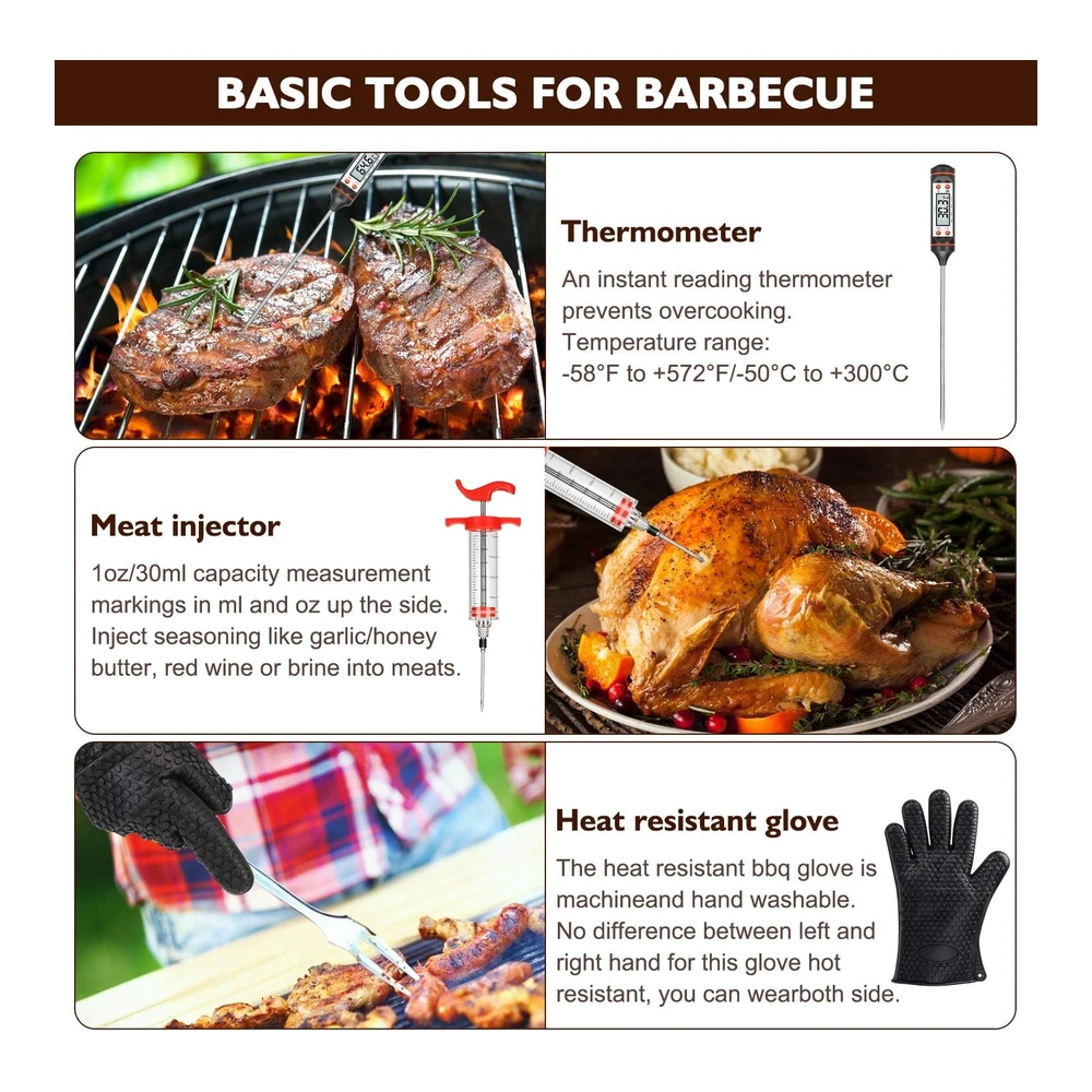 Birald Juego de Herramientas para Parrilla - Regalos para Hombres - 34 Piezas de Accesorios de Parrilla de Acero Inoxidable con Estuche de Aluminio - Termómetro - Alfombrillas de Parrilla para Campamento / Patio Trasero - Juego de Utensilios de Parrilla para Papá