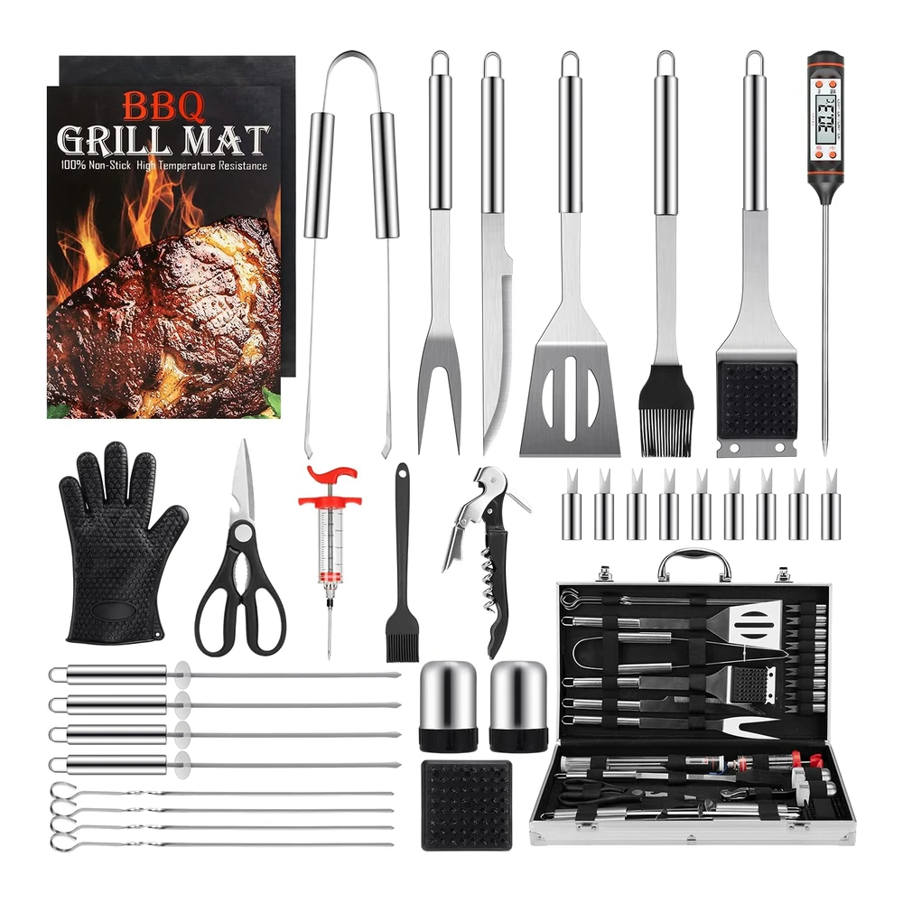 Birald Juego de Herramientas para Parrilla - Regalos para Hombres - 34 Piezas de Accesorios de Parrilla de Acero Inoxidable con Estuche de Aluminio - Termómetro - Alfombrillas de Parrilla para Campamento / Patio Trasero - Juego de Utensilios de Parrilla para Papá