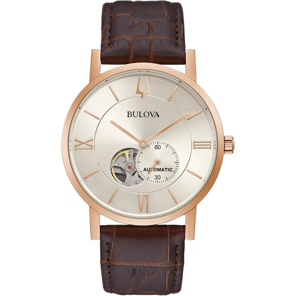 Bulova reloj clásico vestir hombre automático 3 agujas 21 joyas apertura | Marrón
