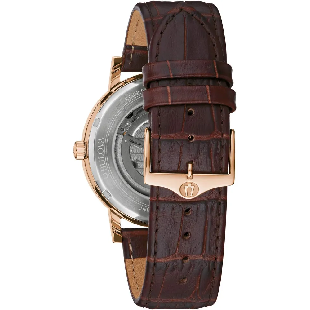 Bulova reloj clásico vestir hombre automático 3 agujas 21 joyas apertura | Marrón