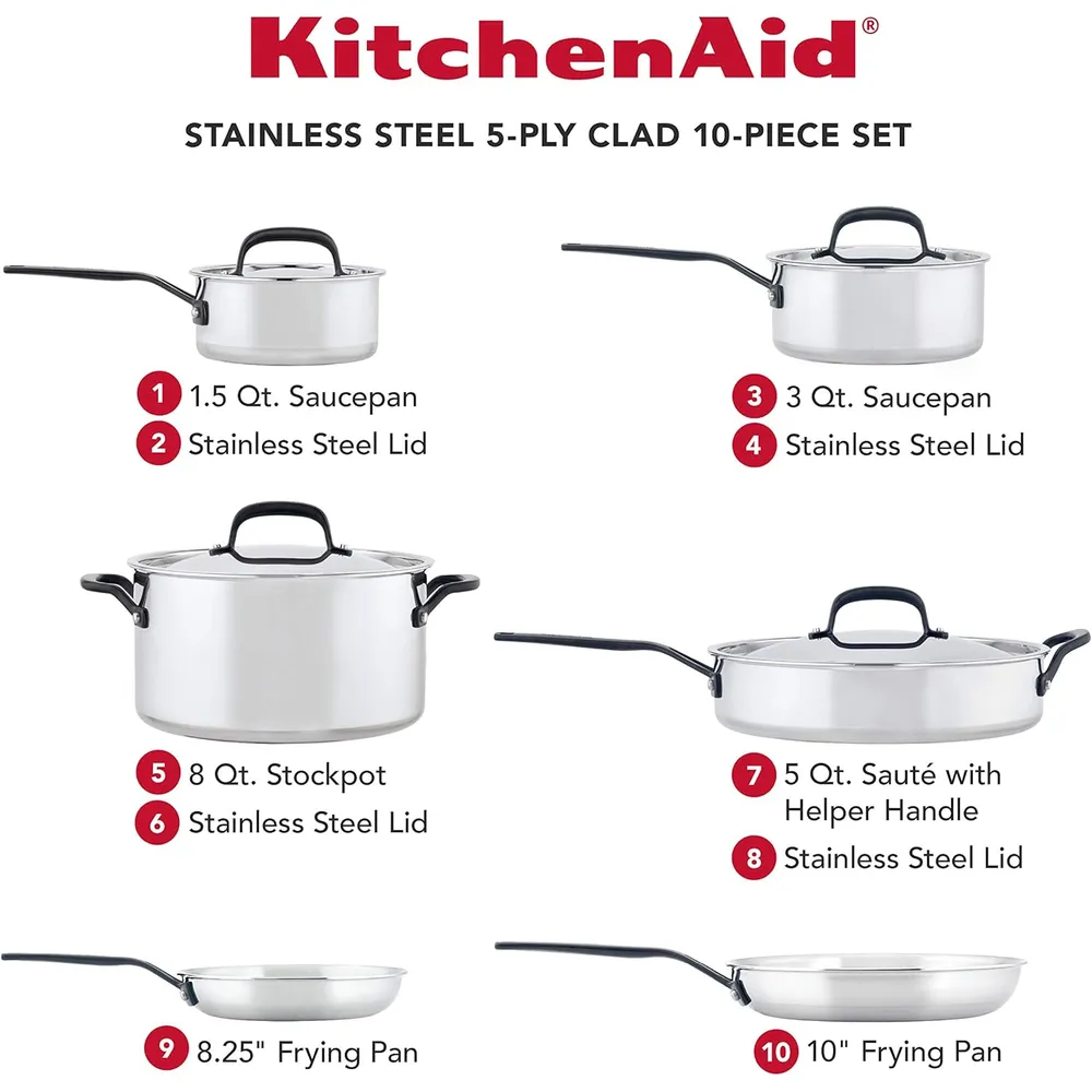 KitchenAid juego de ollas y sartenes 10 pzas, acero inoxidable pulido 5 capas