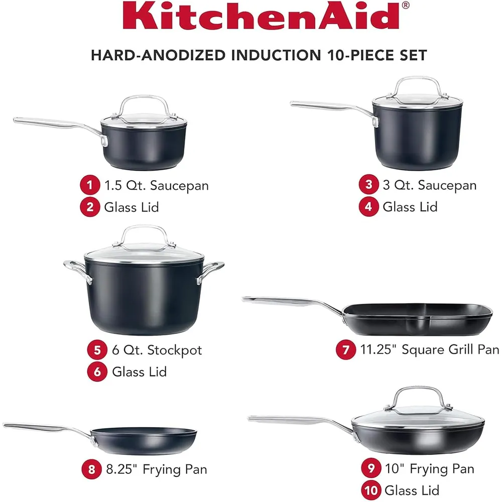 KitchenAid juego de ollas y sartenes 10 pzas, inducción anodizada dura | Negro