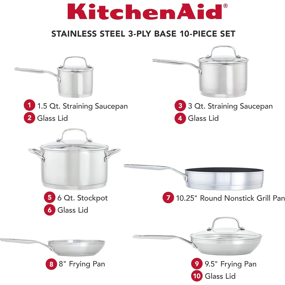 KitchenAid juego de ollas y sartenes 10 pzas, inducción acero cepillado