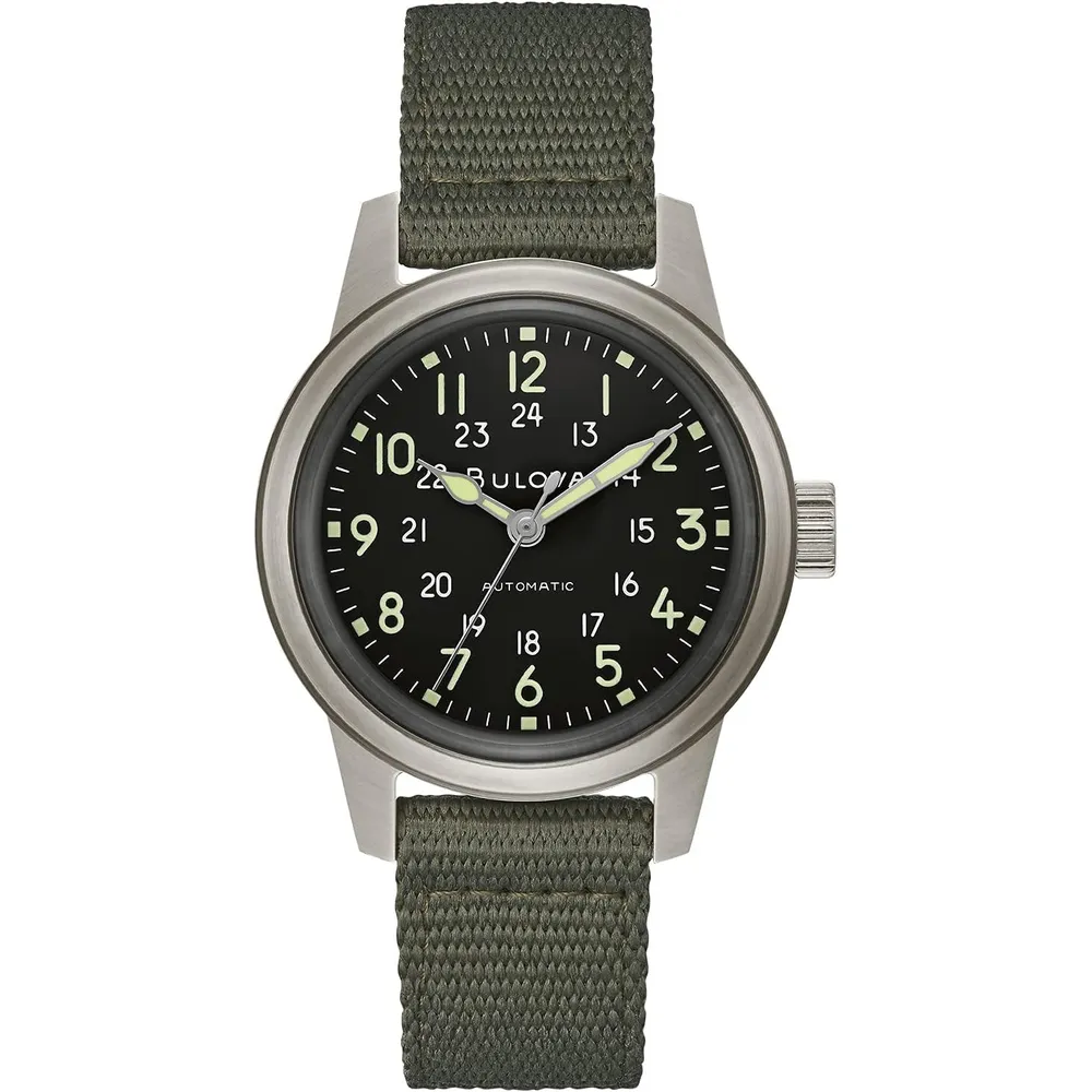 Bulova reloj militar automático hombre 3 agujas correa NATO cuero | Verde