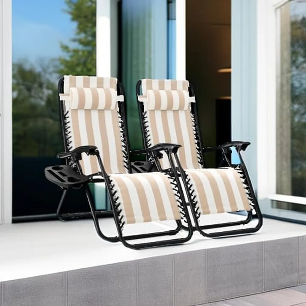 Juego de 2 sillones reclinables con portavasos Best Choice Products | Tan Striped