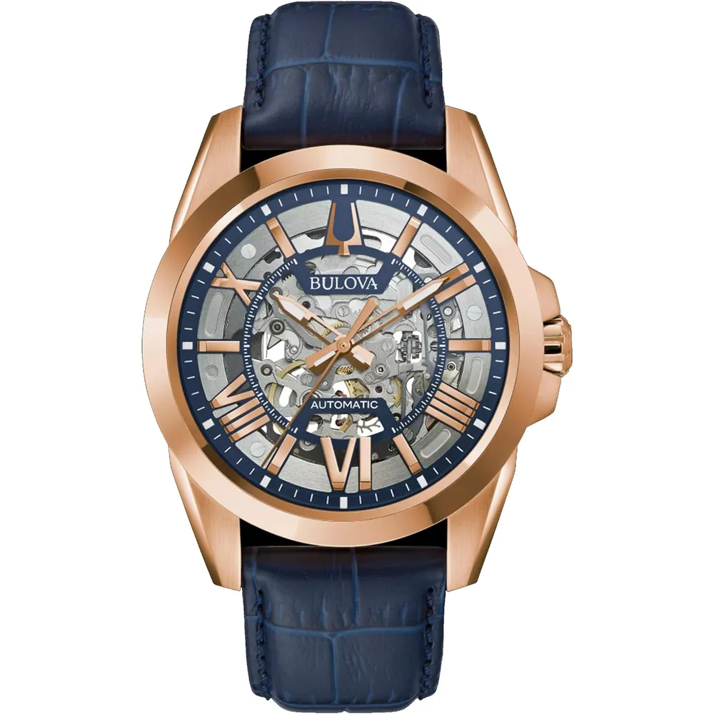 Bulova 97A161 reloj automático Sutton para hombre con dial esqueletico | Oro Rosa/Azul