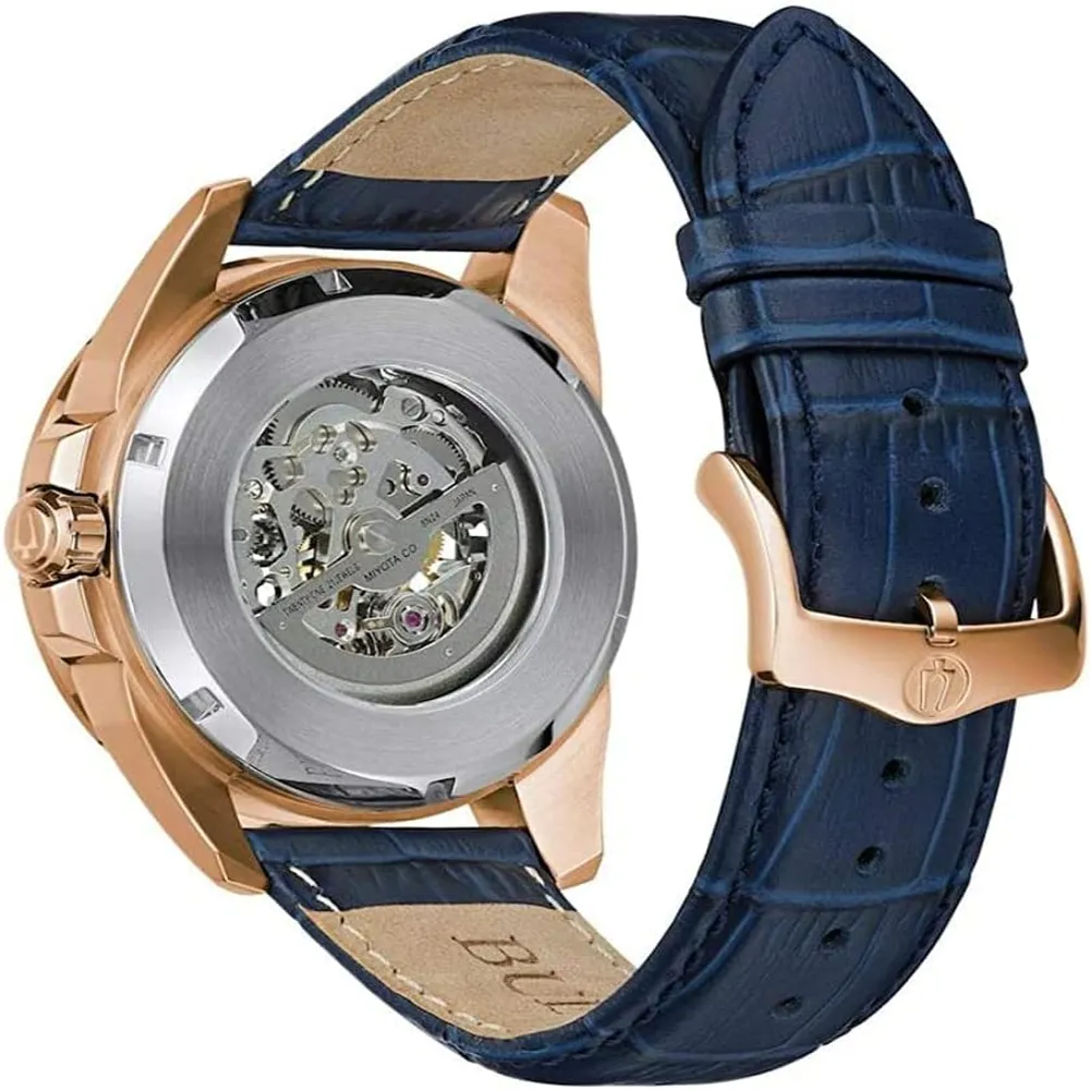 Bulova 97A161 reloj automático Sutton para hombre con dial esqueletico | Oro Rosa/Azul