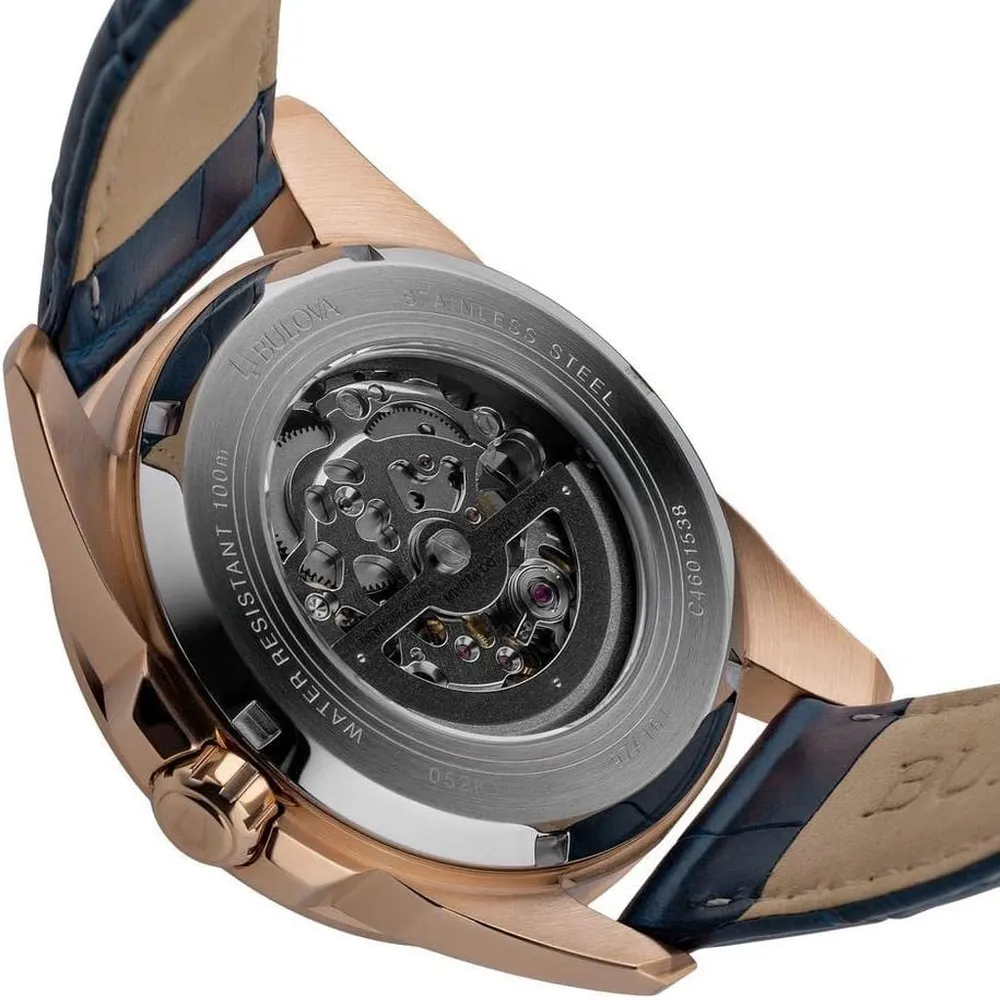 Bulova 97A161 reloj automático Sutton para hombre con dial esqueletico | Oro Rosa/Azul