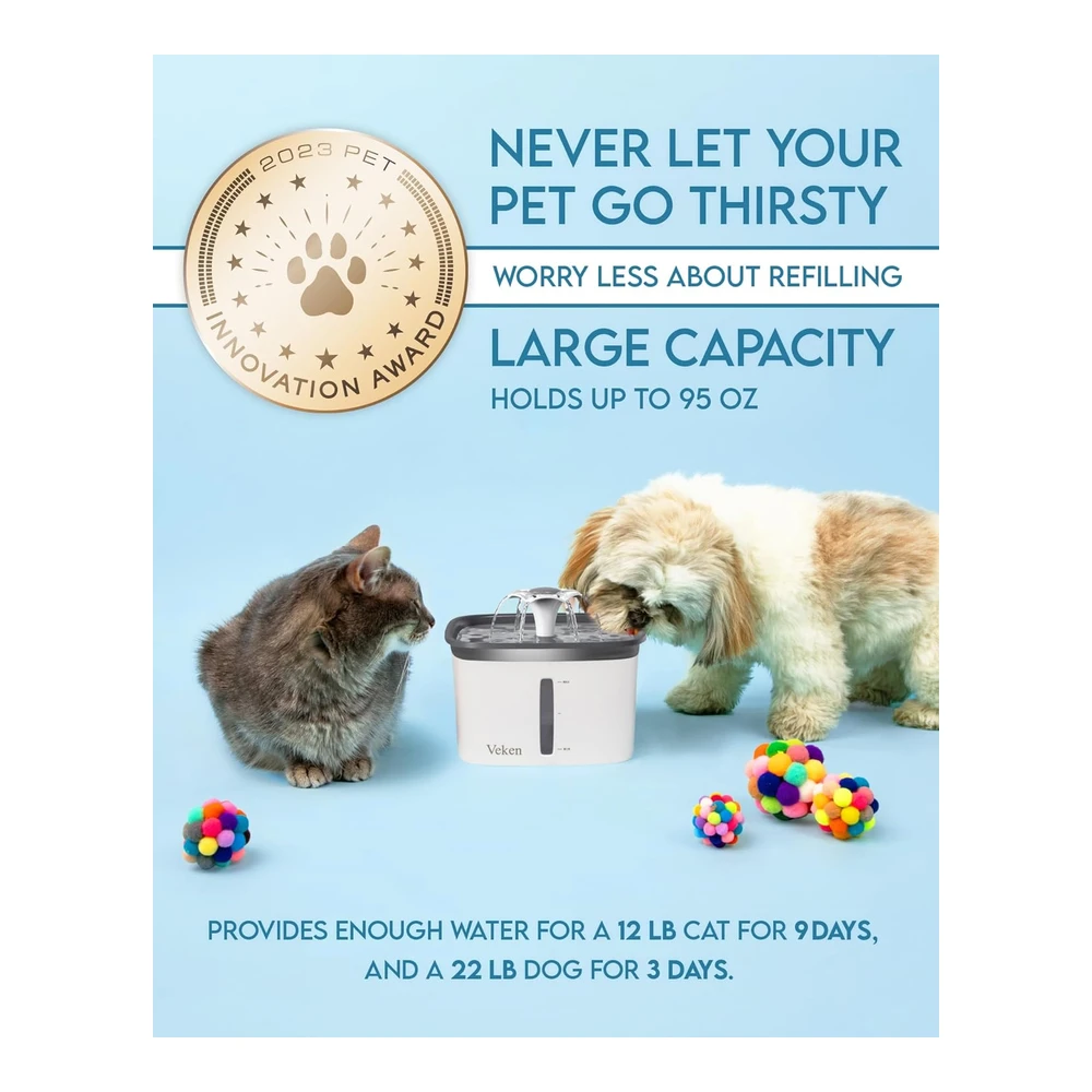 Veken 2.8l Fuente para Mascotas Fuente de Agua Automática con Bomba Inteligente Múltiples Mascotas (Gris Plástico) | Blanco
