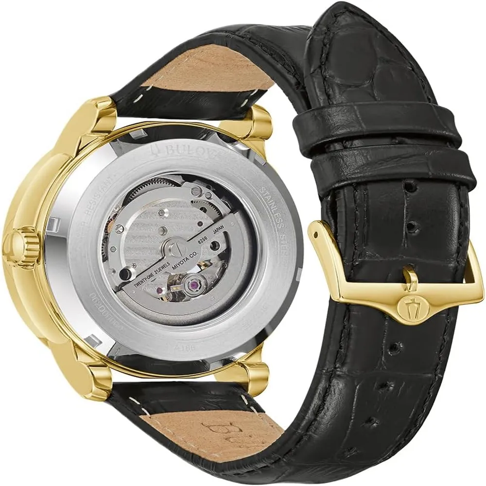 Bulova reloj clásico hombre automático 3 agujas correa piel índices | Negro/Oro