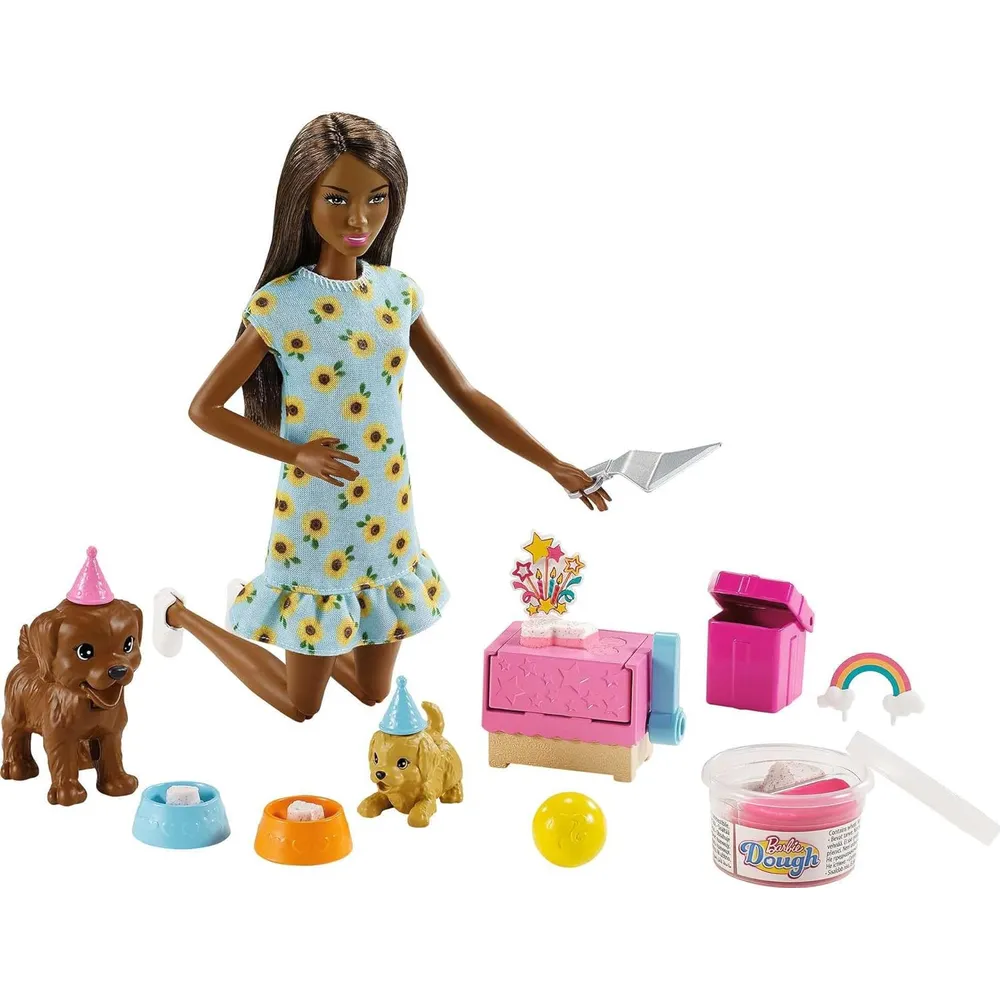BARBIE MUÑECA FIESTA CACHORROS CON ACCESORIOS MORENA