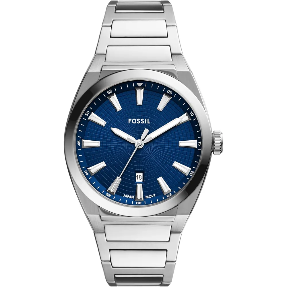 Fossil reloj de cuarzo Everett para hombre, acero inoxidable | Plata/ Azul